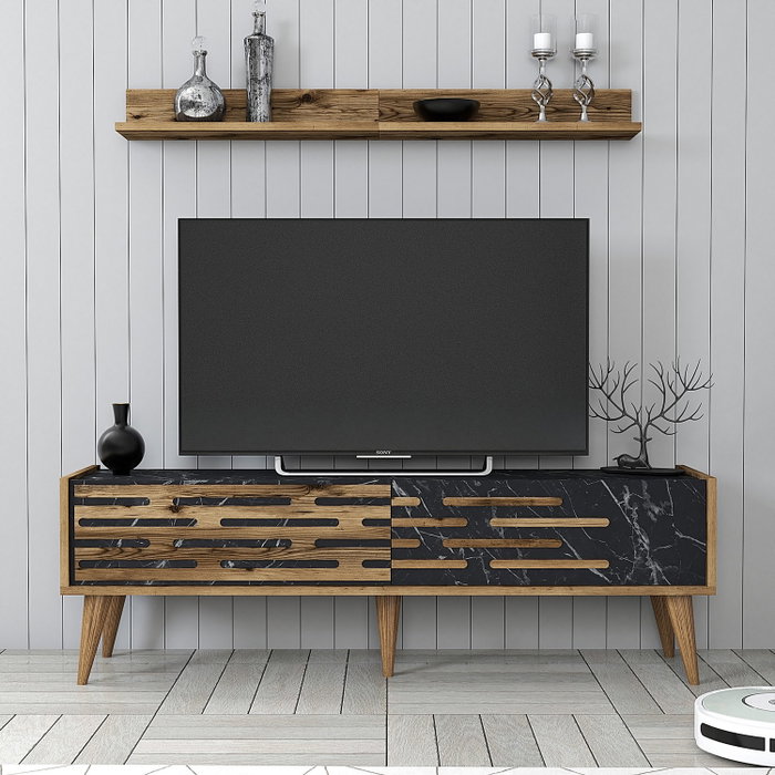 Hanah Home Valensiya 140 Mueble de Televisión Nogal, Negro y Mármol